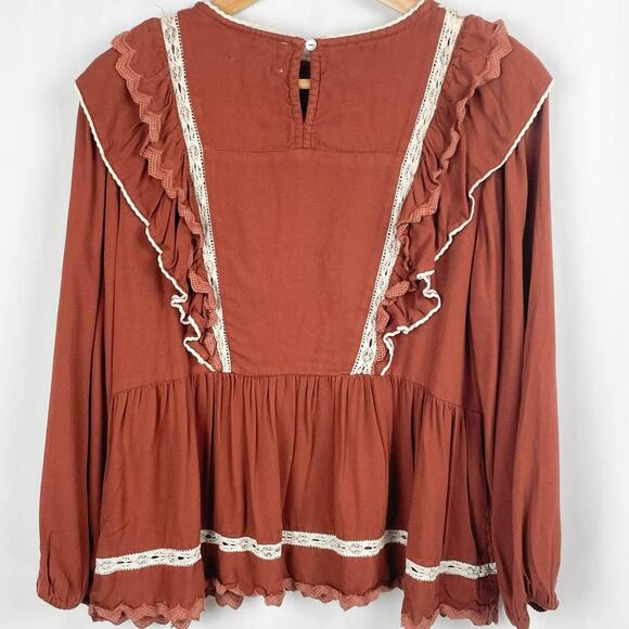 Bohme Peasant Top Size S Burnt Orange Ruffled Knit Lace Trim Cottagecore Boho - Picture 7 of 13